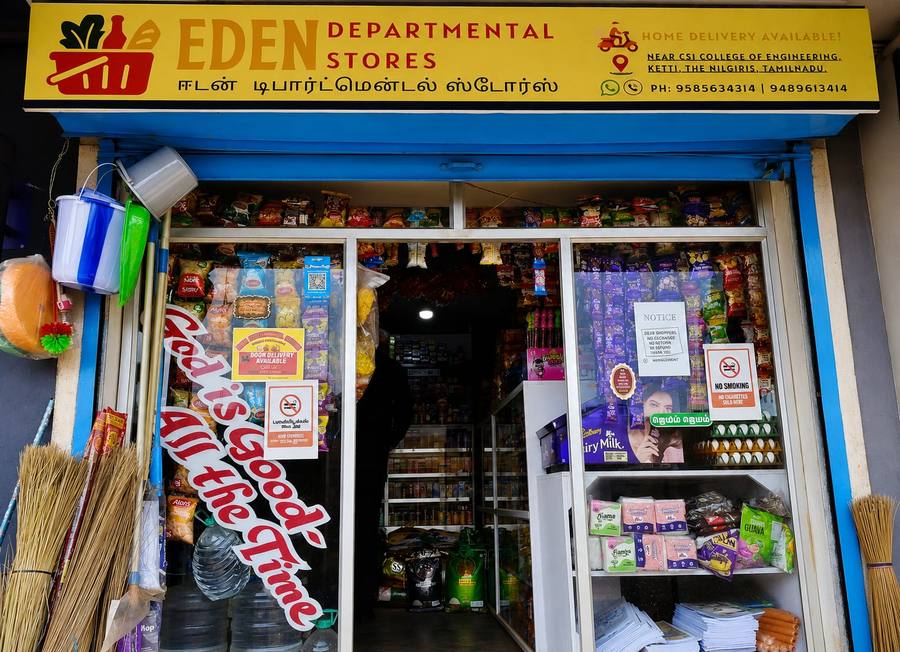 Eden Departmental Stores signage and shopfront entrance, Prakashapuram, Ketti