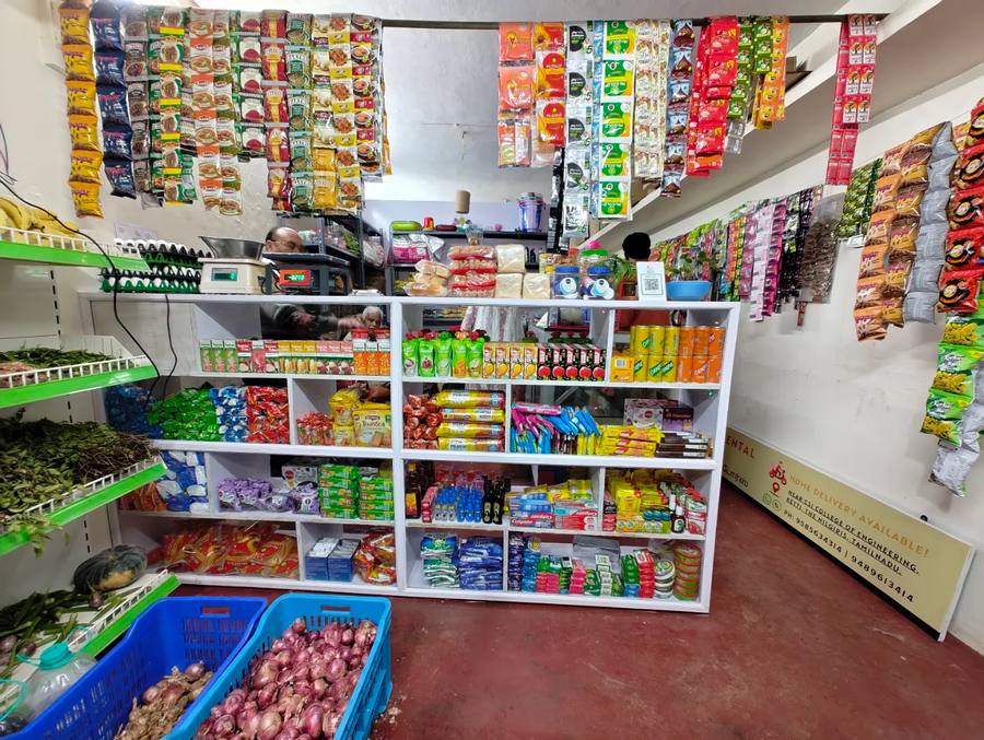 Interior shelves at Eden Departmental Stores stocked with snacks and packaged goods